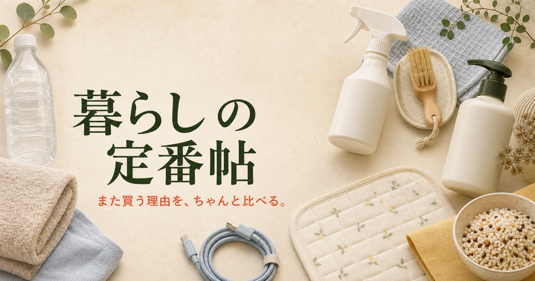 暮らしの定番帖 — また買う理由を、ちゃんと比べる。水、タオル、掃除用品、ヘアケア、雑穀、USB-Cケーブルを並べた生活用品の写真